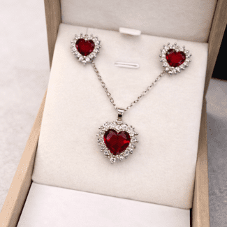 kit colar brinco coração rubi