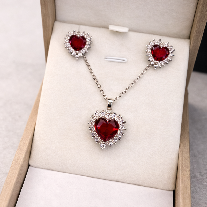 kit-colar-brinco-coracao-rubi kit colar brinco coração rubi