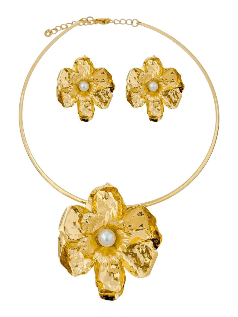 Conjunto Choker Flor Pérola Bold Ouro 18k Conjunto Choker Flor Pérola Bold Ouro 18k