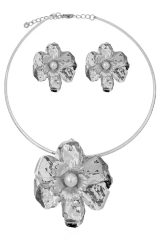 Conjunto Choker Flor Pérola Bold Prata