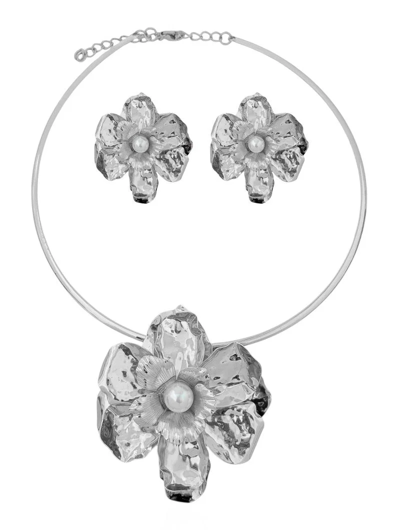 Conjunto Choker Flor Pérola Bold Prata-1 Conjunto Choker Flor Pérola Bold Prata